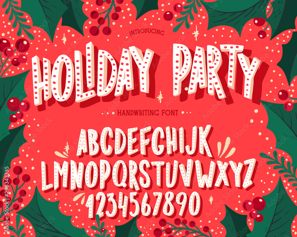 Christmas font. Holiday typography alphabet with festive illustrations and season wishes. - obrazy, fototapety, plakaty 
