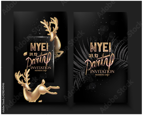 New year eve party invitation cards with gold deco deers and fir tree branch. Vector illustration