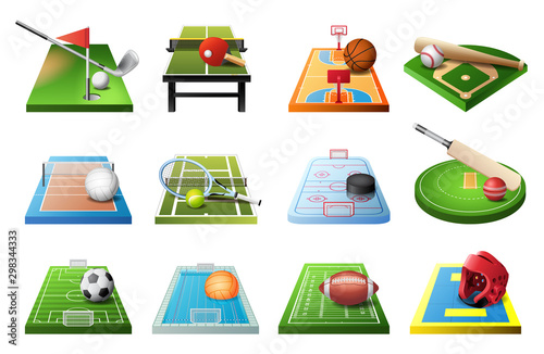 3d playgrounds with equipment for different kinds of sports isolated icon set, soccer, table tennis, basketball, baseball, volleyball, hockey, water polo, golf, football, cricket, vector illustration.