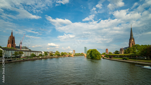 Wide shot of Frankfurt skyline and river Main