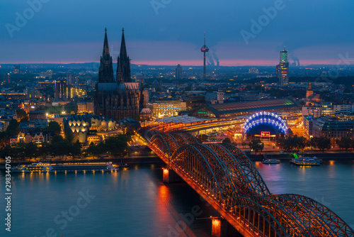 Aerial view of Cologne skyline at dusk