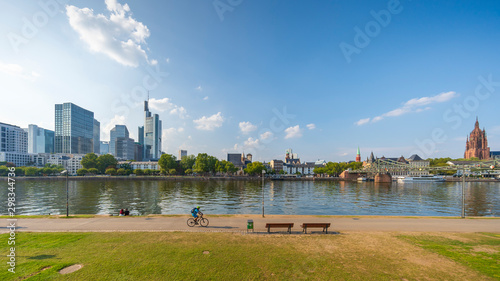 Wide shot of Frankfurt skyline and river Main