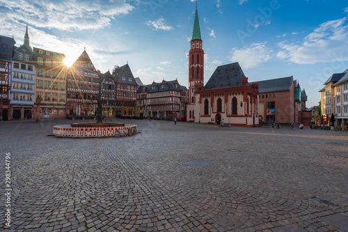 Romerberg in Frankfurt old town square with crowd of tourists