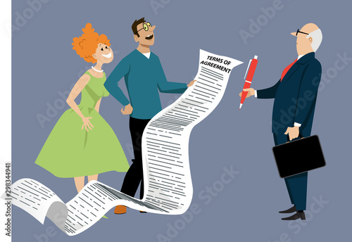 Naive couple is forced to sign a comically long contract agreement,  EPS 8 vector illustration