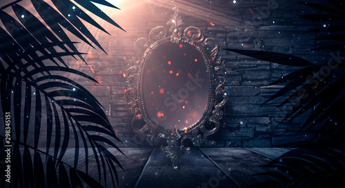 Mirror magic, fortune telling and fulfillment of desires. Fantasy with a mirror, dark room, magical power, night view.