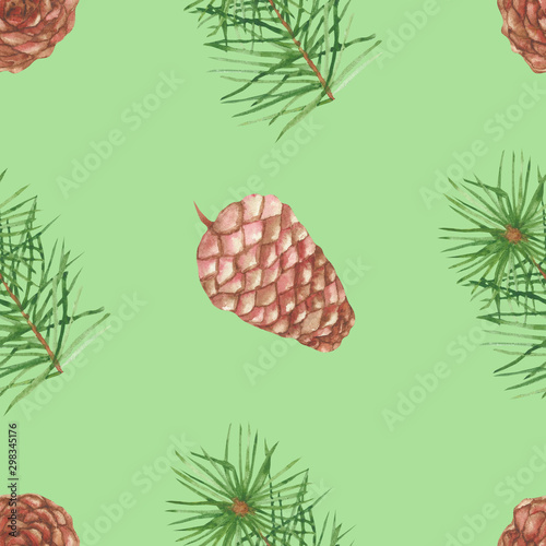 Fototapeta Naklejka Na Ścianę i Meble -  Watercolor hand painted nature winter seamless pattern with green christmas tree fir branches and pine cones isolated on the light green background for new year holiday celebration design elements