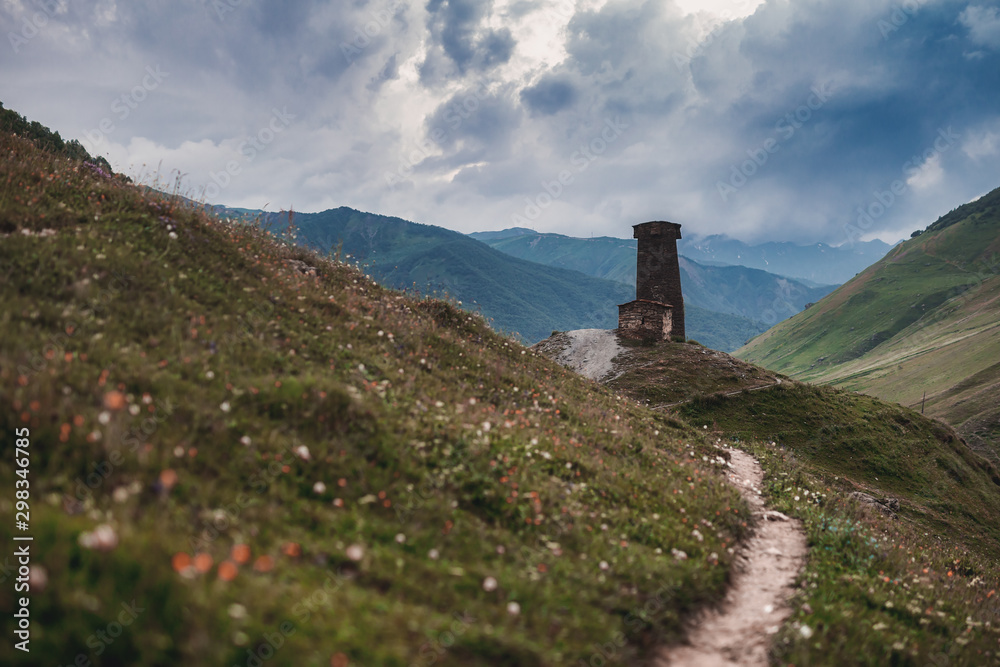 Ancient Svan tower, Svaneti region of Georgia. Caucasian mountain range.