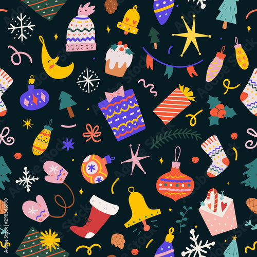 Christmas seamless pattern with gift box, ornaments, stocking and decoration balls, hand drawn cute doodle background. Perfect for wrapping paper, gift card or textile fabric.