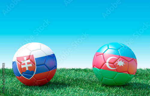 Two soccer balls in flags colors on green grass. Slovakia and Azerbaijan. EURO 2020. Group E. 3d image