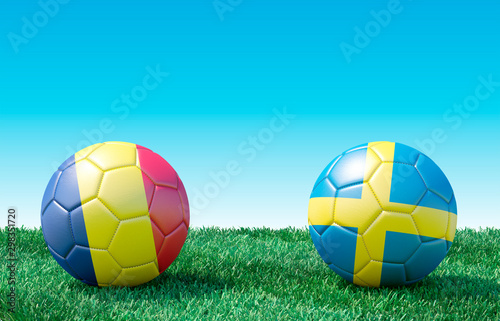 Two soccer balls in flags colors on green grass. Romania and Sweden. EURO 2020. Group F. 3d image