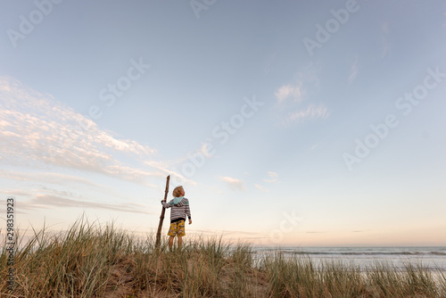 Young boy holding a stick watching the ocean
