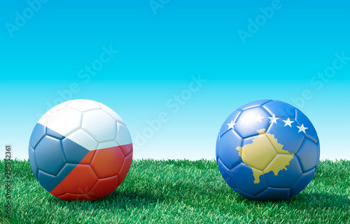 Two soccer balls in flags colors on green grass. Czech Republic and Kosovo. EURO 2020. Group A. 3d image