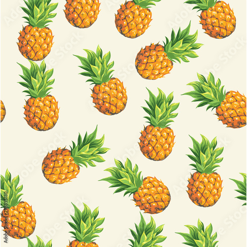 Pineapples are ripe, tropical with palm branches on a black background. Seamless vector pattern.