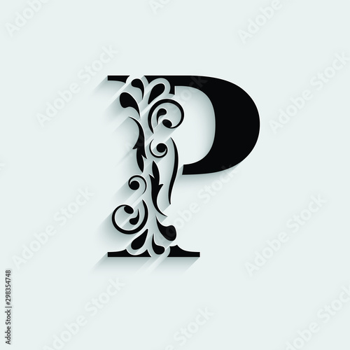letter P. Black flower alphabet.  Beautiful capital letters with shadow