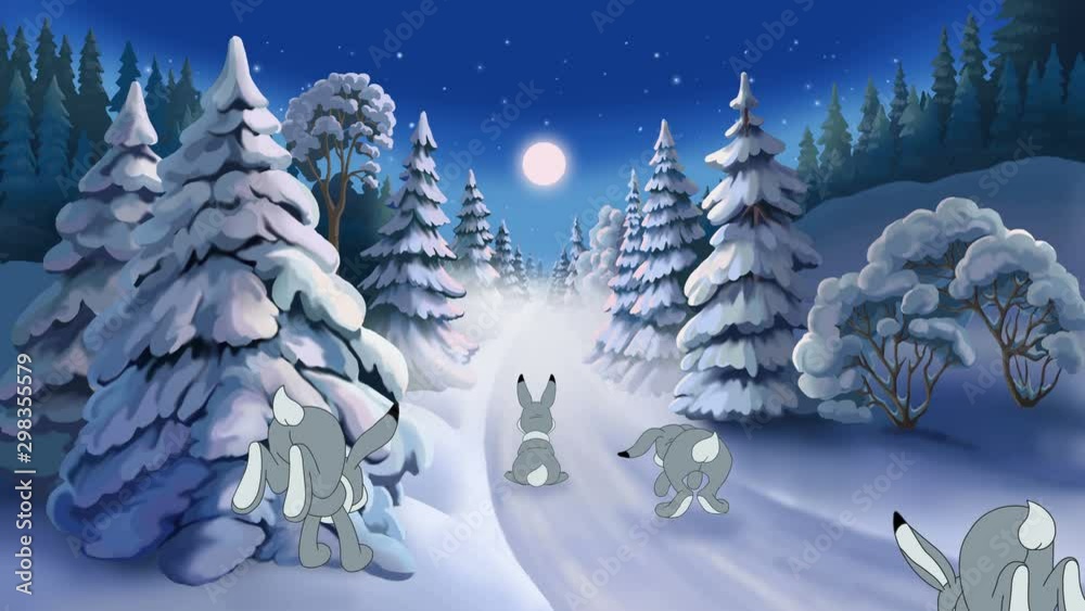 Christmas animated card with Santa Claus and hares. Hand drawn animation with greeting text Merry Christmas! 4K. 29.97 fps