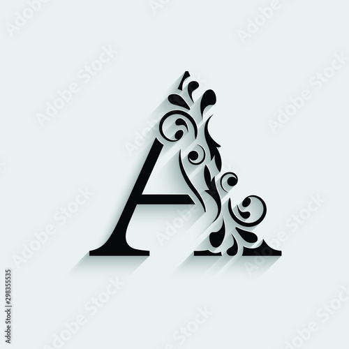 letter A. Black flower alphabet.  Beautiful capital letters with shadow