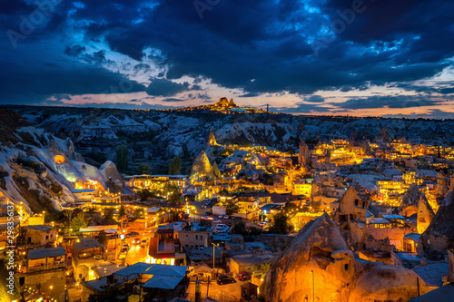 Goreme town at twilight in Cappadocia, Turkey. © tawatchai1990