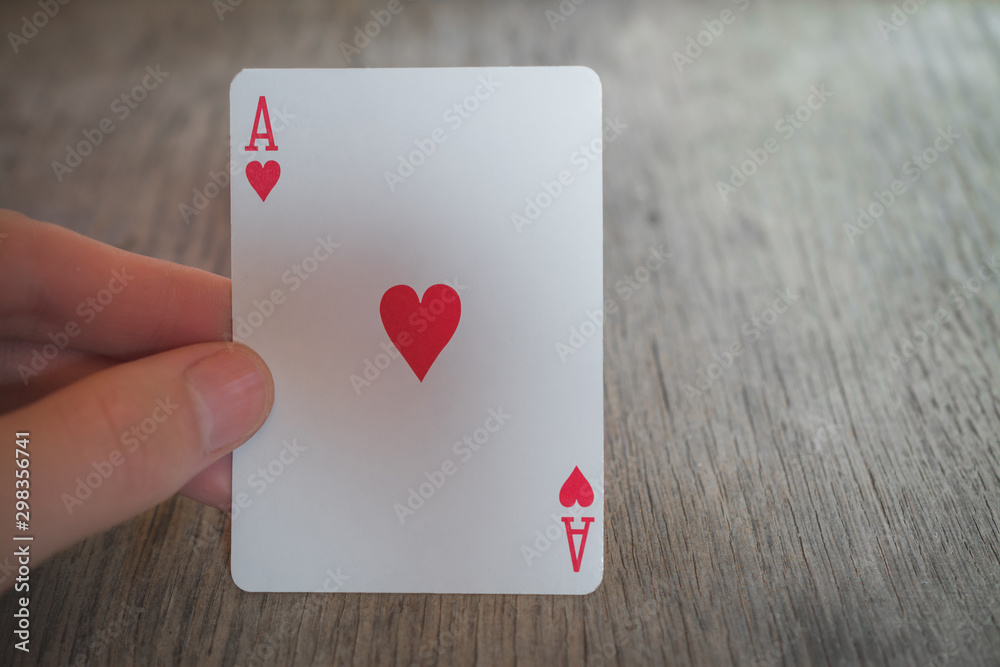Ace of hearts, Man hold ace of hearts, Playing cards in hand on the table, poker nands