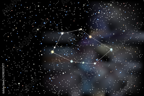 Vector illustration of the constellation Vela (Sails) on a starry black sky background. The astronomical cluster of stars in the Southern Celestial Hemisphere and in the milky way
