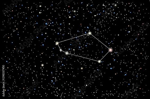 Vector illustration of the constellation Tucana (toucan) on a starry black sky background. The astronomical cluster of stars in the Southern Celestial Hemisphere