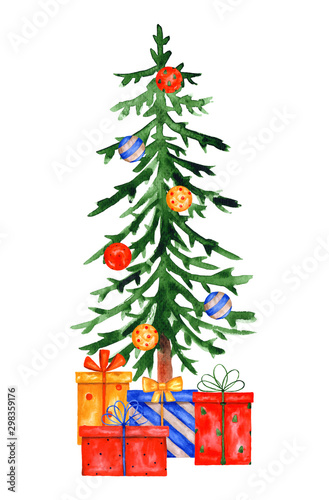 Decorated watercolor green Christmas tree with Christmas balls and gift boxes. New Year illustration isolated on a white background.