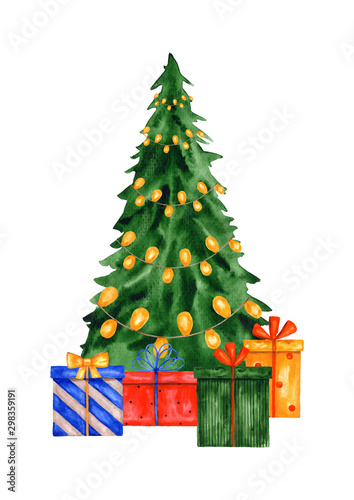 Decorated watercolor green Christmas tree with Christmas garland of light bulbs and gift boxes. New Year illustration isolated on a white background.