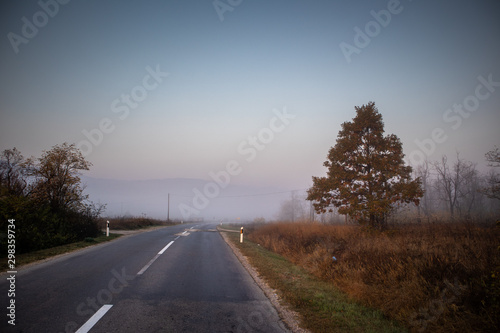 Sunrise on road in canyon at autumn. Road by the Danube river in Serbia.