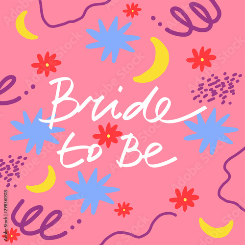 Simple wedding lettering on pink background with colorful elements including flowers  moon  lines  dots and geometric shapes.