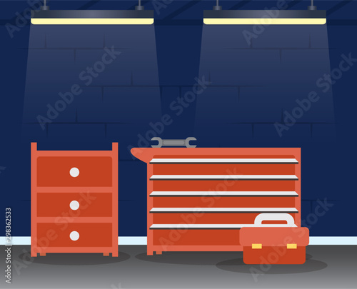 mechanical workshop with tools drawers scene