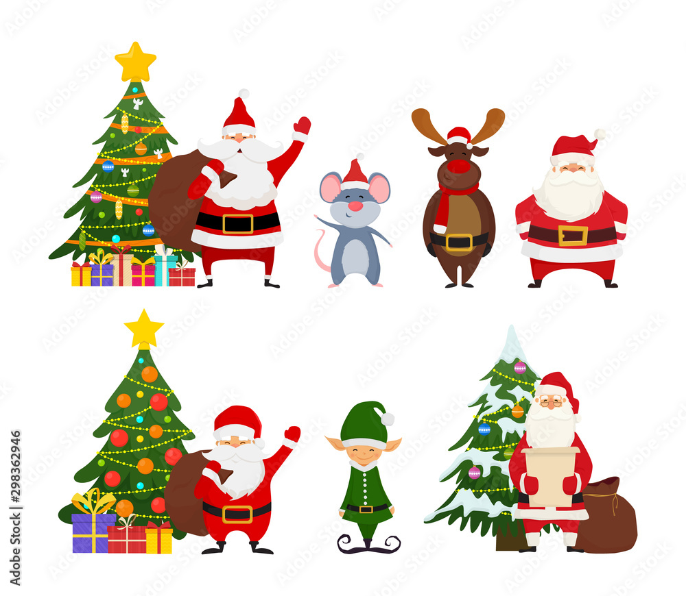 Vector set of cartoon Christmas characters. Santa Claus with Xmas trees and gifts, reindeer, elf, mouse. Illustration for postcard, banner, advertisement. Vector set of cartoon Christmas characters. Santa Claus with Xmas trees and gifts, reindeer, elf, mouse. Illustration for postcard, banner, advertisement.