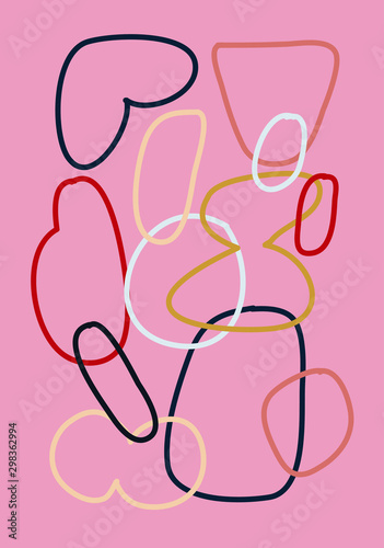 Minimalist vector line drawing with different geometric shapes. Abstract composition with streamlined figures on pink background.