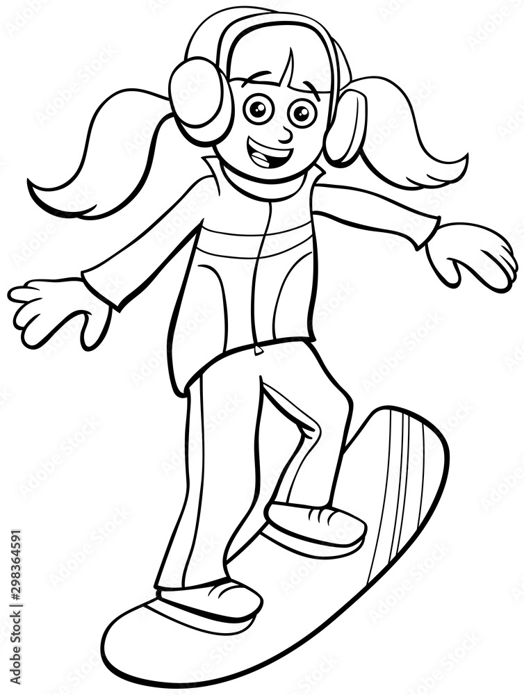 snowboarding girl cartoon coloring book page