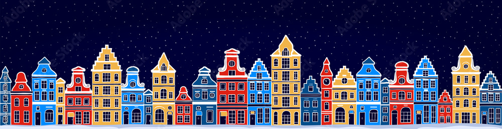 Winter urban landscape. City with snow. Christmas and new year. Old european town. Cityscape. Сolorful old houses. Cartoon buildings. Vector illustration. 