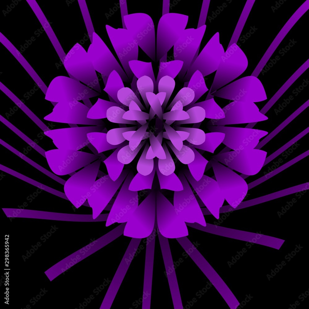 Purple flower in optical art style on black background, fantasy blossom in mysterious colors, vector design Purple flower in optical art style on black background, fantasy blossom in mysterious colors, vector design