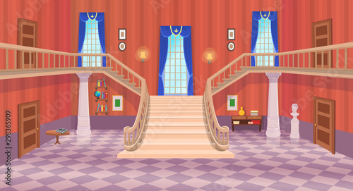  Vector old hall room with stairs, doors and a window. Cartoon illustration.