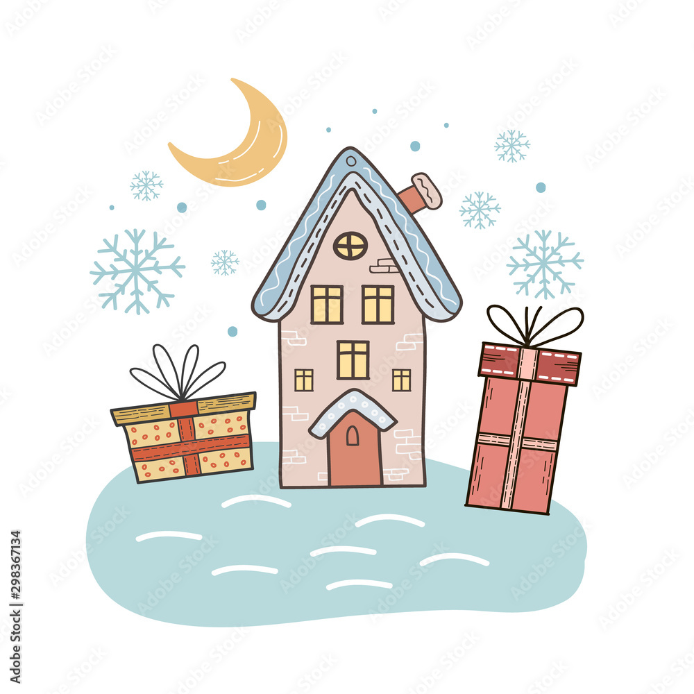 Christmas vector illustration. Christmas night. Freehand color drawing. House, gifts and the moon