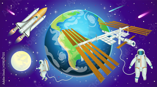Space background with international space station, planet earth, astronauts and space shuttle in cartoon style.