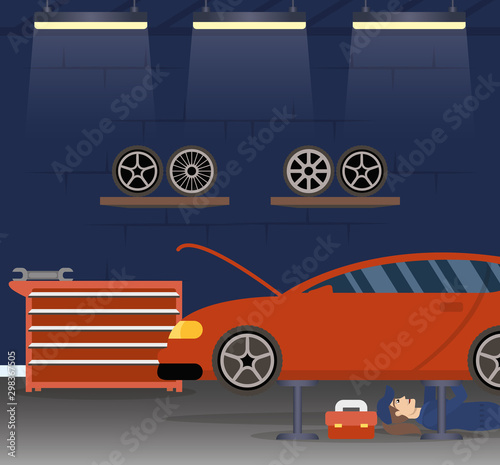 female mechanic working in car character