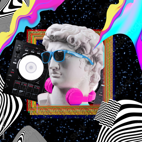 David in headphones and sunglasses on a cosmic background. Concept art collage. Poster design.