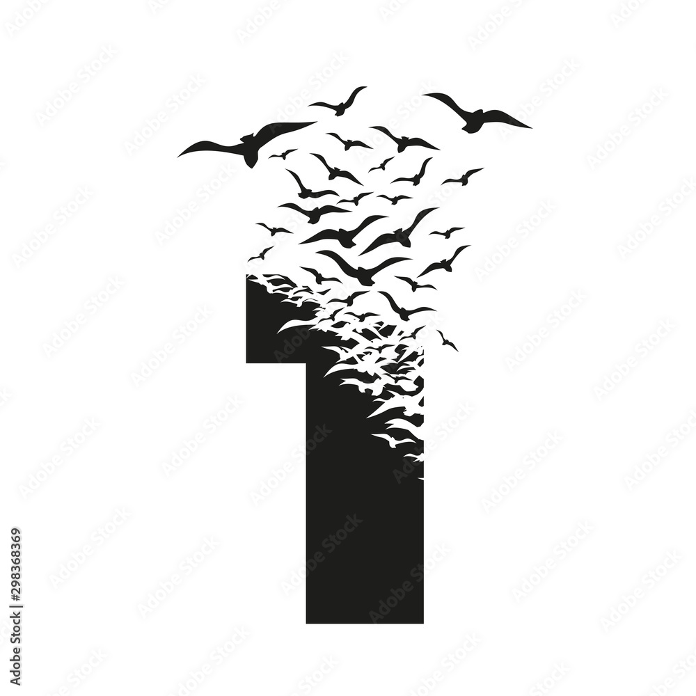 Number 1 with effect of destruction. Dispersion. Birds