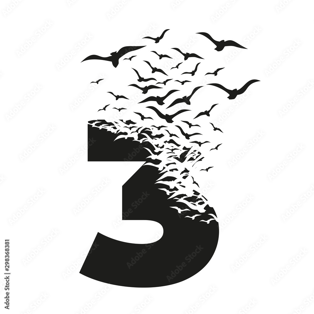 Number 3 with effect of destruction. Dispersion. Birds