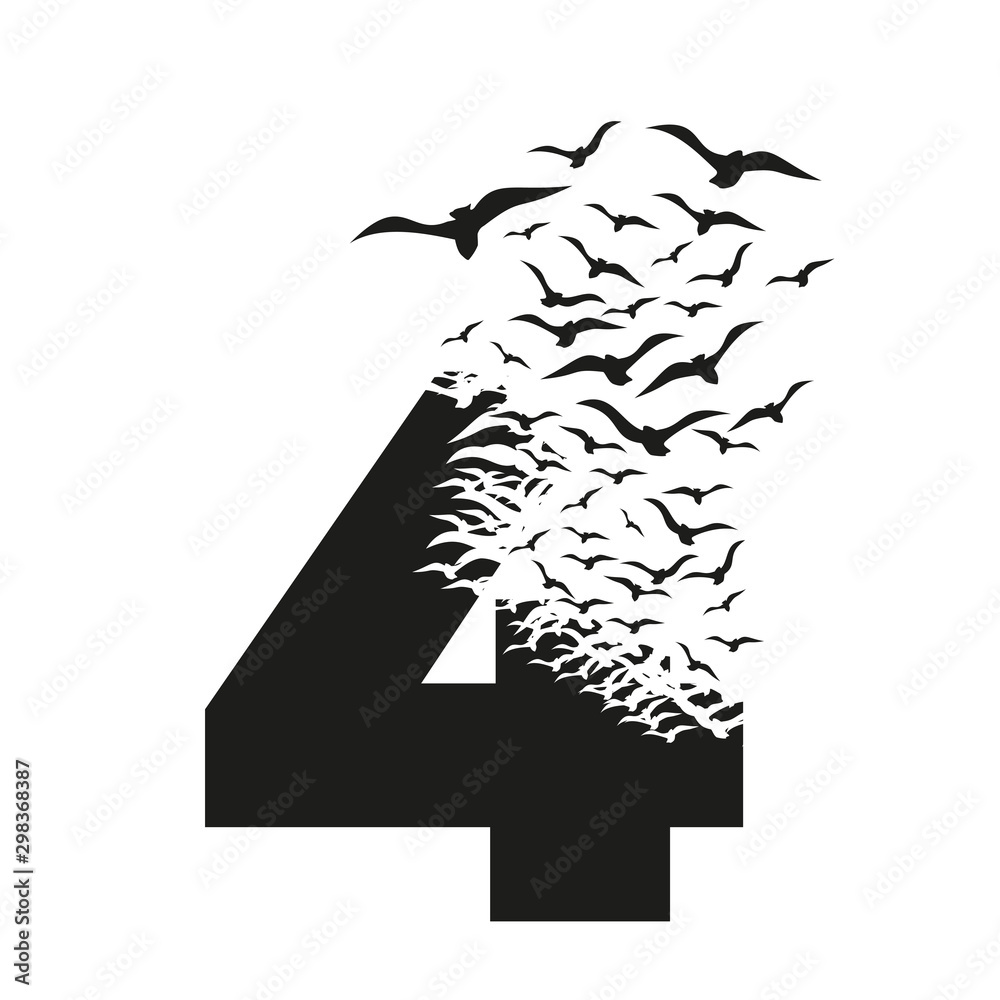 Number 4 with effect of destruction. Dispersion. Birds