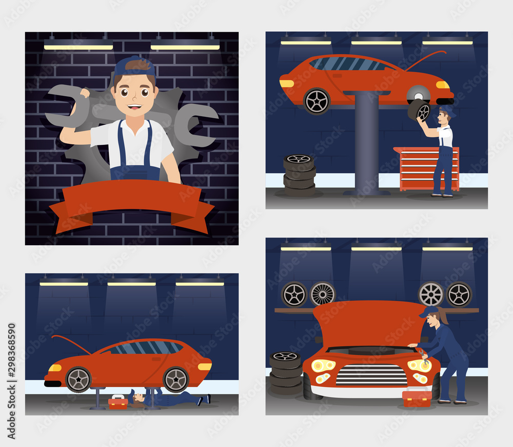 set of scenes with mechanics working characters set of scenes with mechanics working characters