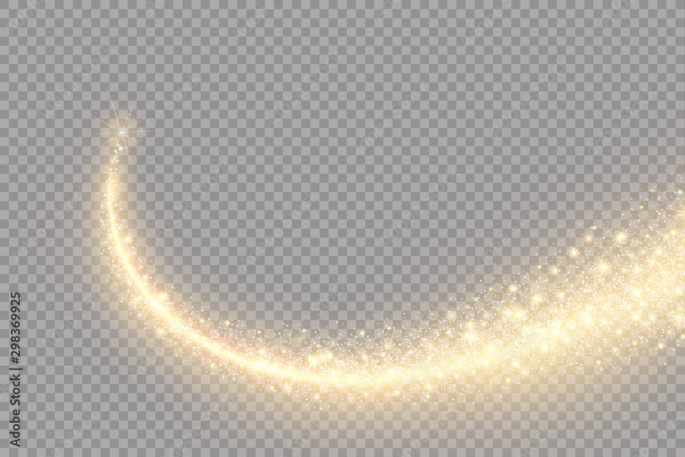 © Vector light Studio - Vector golden sparkling falling star. Stardust trail. Cosmic glittering wave.