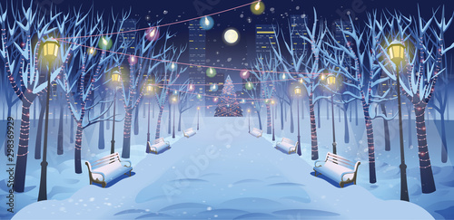 Panorama road over the winter park with benches, trees, lanterns and a garland. Vector illustration of winter city street in cartoon style.