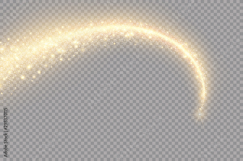 Vector golden sparkling falling star. Stardust trail. Cosmic glittering wave.