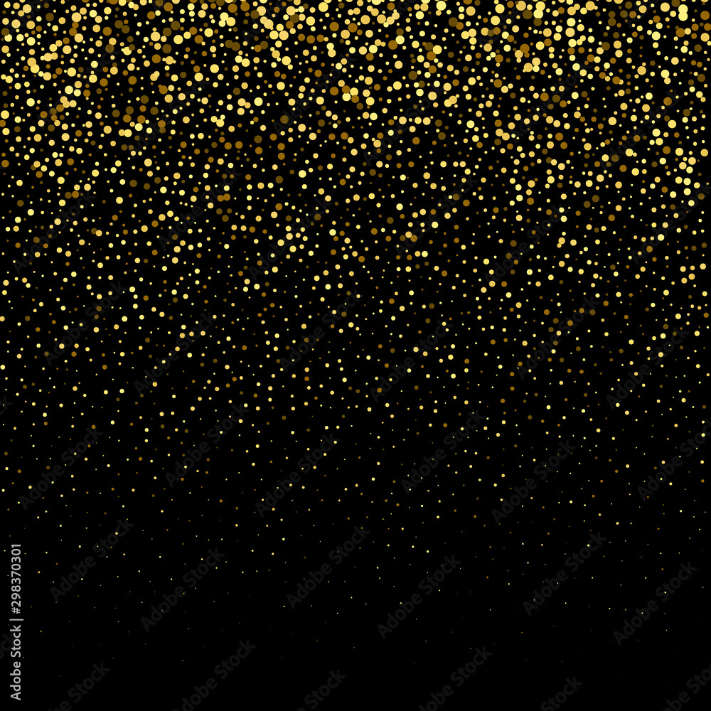  Golden texture. Festive banner with golden dust particles. Abstract dark background.