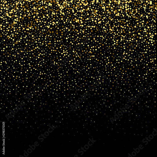  Golden texture. Festive banner with golden dust particles. Abstract dark background.