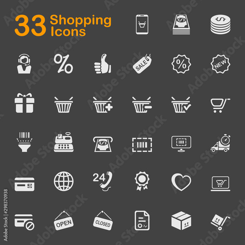 Set of 22 shopping icons, vector illustrations. Contains such as: cart, coupon, terminal, money, quality, help center and more.