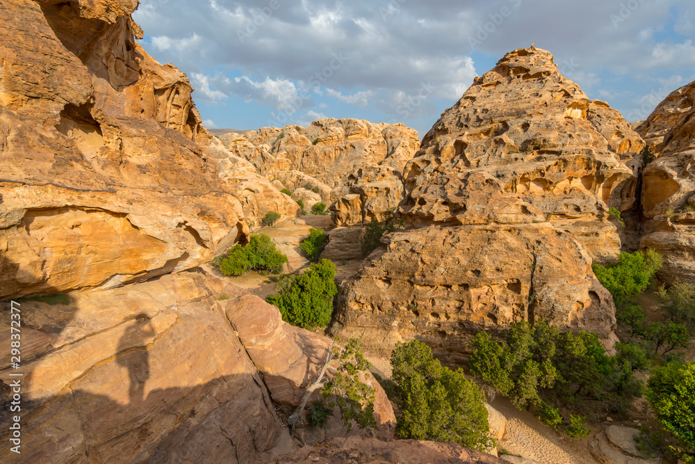 Fototapeta premium Beautiful Natural Scenery Scenic View Sandstone Canyons and Valley in Little Petra, Jordan.